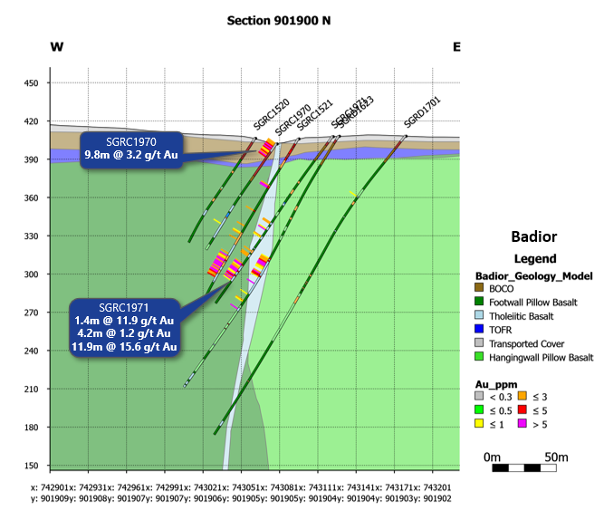 Badior cross section showing select recent results - looking north