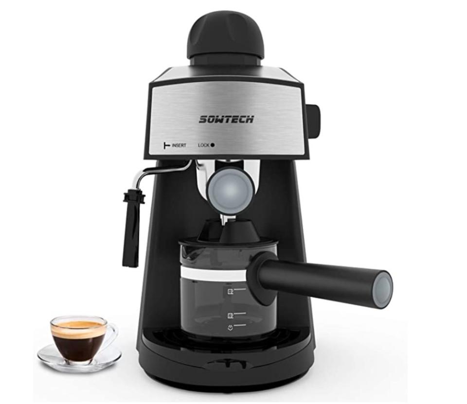 <a href="https://amzn.to/31qYNr9" target="_blank" rel="noopener noreferrer">This Sowtech mini espresso machine</a> features an espresso filter holder, carafe for drip brew and manual milk frother.<br /><strong>Rating</strong>: 4.4-star<br /><strong>Reviews</strong>: more than 5,000<br /><br />Normally <a href="https://amzn.to/31qYNr9" target="_blank" rel="noopener noreferrer">$90, it's currently on sale for $60 on Amazon</a>.