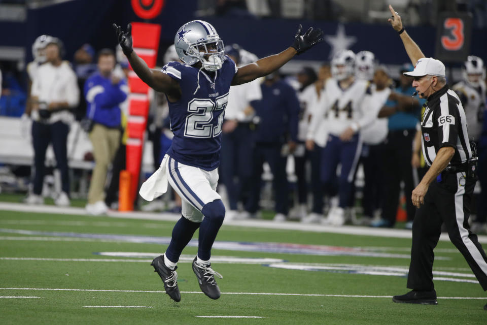 Dallas Cowboys cornerback Jourdan Lewis (27) celebrates after a tackle in the second half of an NFL football game against the Los Angeles Rams in Arlington, Texas, Sunday, Dec. 15, 2019. (AP Photo/Ron Jenkins)