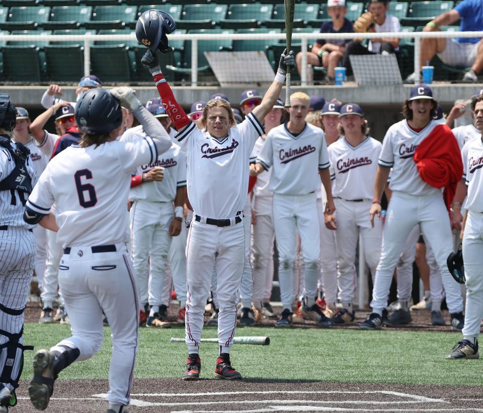 Crimson Cliffs’ Brexten Starley (6) celebrates his home run against Snow Canyon in the 4A state championship at UVU in Orem on Saturday, May 20, 2023. | Jeffrey D. Allred, Deseret News