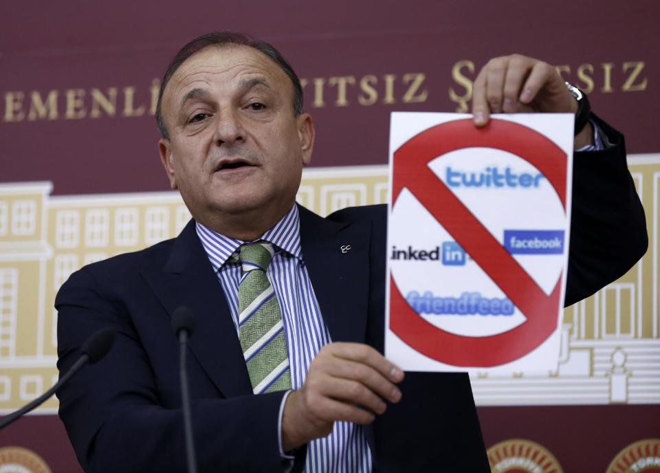 In this picture taken late Wednesday, Feb. 5, 2014, Oktay Vural, a leading deputy from the opposition Nationalist Action Party, MHP, holds up a placard during a parliamentary debate in Ankara, Turkey, shortly before Turkey's Parliament approved legislation that would tighten government controls over the Internet. Legislators approved measures which would allow Turkey's telecommunications authority to block websites or remove content that is deemed to be in violation of privacy, without first seeking a court decision. Under the new law, Internet providers would also be forced to keep data on peoples' online activities and make them available to authorities when requested. (AP Photo)