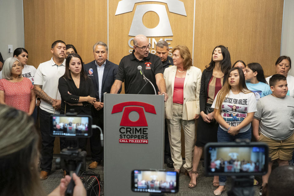 Andy Kahan, of Crime Stoppers, speaks during a press conference, Tuesday, July 19, 2022, at Crime Stoppers in Houston. A grand jury has declined to indict a Houston man on charges related to the death of 9-year-old Arlene Alvarez, who was inadvertently shot by the man after he was robbed and fired his weapon into the Alvarez's car. Crime Stoppers has presser seeking information on the robber related to the shooting. (Mark Mulligan/Houston Chronicle via AP)