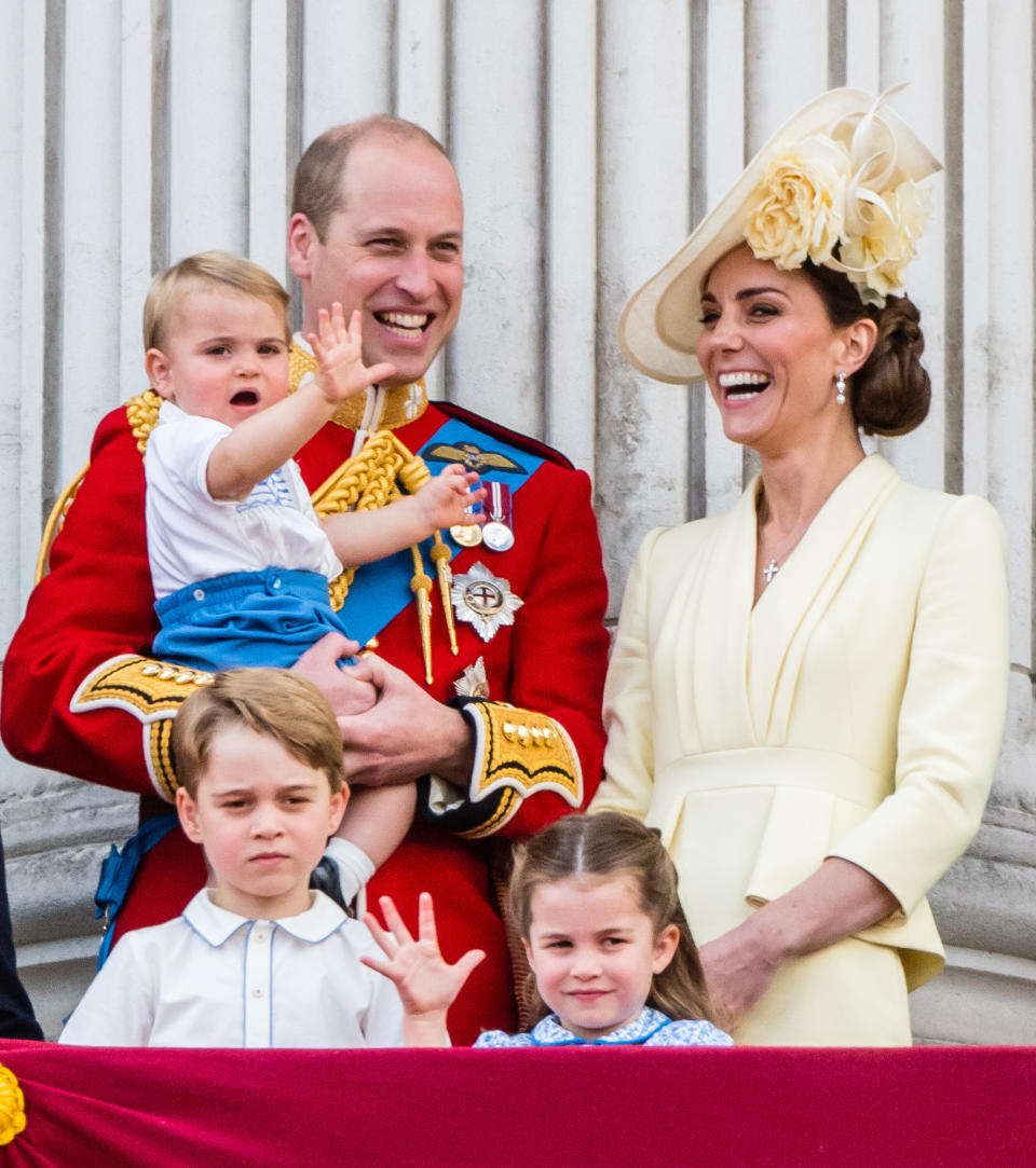 The Duke and Duchess of Cambridge and their children watch a flypast from the balcony of Buckingham Palace during Trooping The Colour, the Queen's annual birthday parade, on June 8, 2019 in London, England.