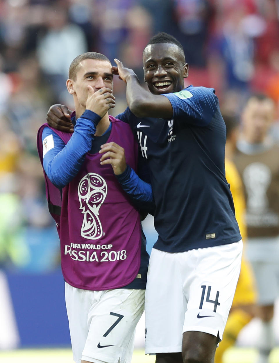 <p>France’s Antoine Griezmann, left, speaks to teammate France’s Blaise Matuidi after the end of the group C match </p>