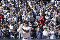 Fans cheer as New York Yankees' Aaron Judge prepares to bat against the Boston Red Sox during the third inning before a baseball game Saturday, Sept. 24, 2022, in New York. (AP Photo/Jessie Alcheh)