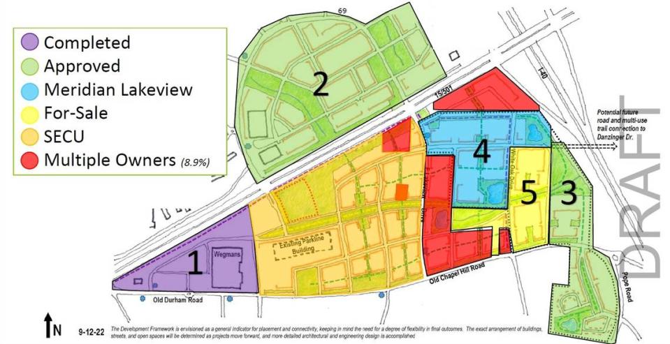 Meridian Lakeview (blue) would be part of a new Parkline East Village district in eastern Chapel Hill. A concept plan has been reviewed for the North White Oak Drive apartments (in yellow), and plans for Chapel Hill Crossing (green, at bottom right) and UNC Health Care’s Eastowne expansion (green, at top) have been approved. Town of Chapel Hill/Contributed
