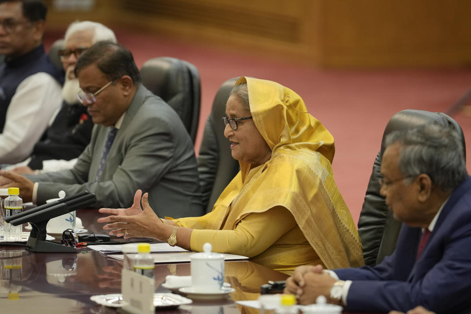 Bangladesh Prime Minister Sheikh Hasina, second from right, and her delegation attend a meeting with Chinese President Xi Jinping at the Great Hall of the People in Beijing, China, Wednesday, July 10, 2024. (AP Photo/Vincent Thian, Pool)