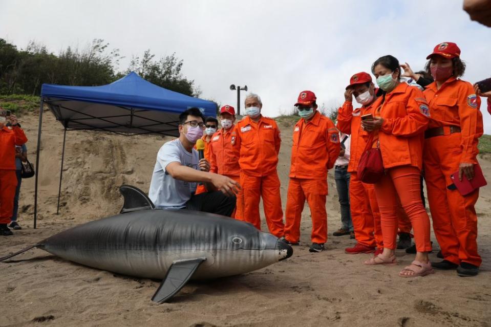 新北市府動保處昨日於白沙灣舉辦「海龜歸海─新北藍海先鋒隊讓愛游出」活動，並現場講解如預擱淺鯨豚及救援方式。（記者吳瀛洲攝）