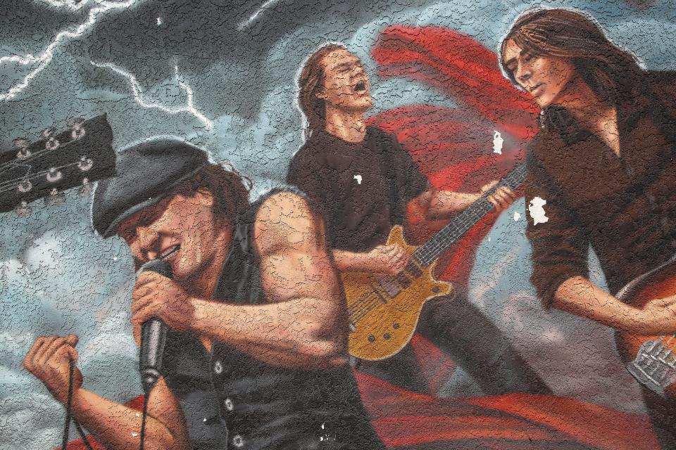 The AC/DC mural at Club 5 in Indio is shown damaged, reportedly by a sticker placed over it during Kendall Jenner’s 818 Tequila pop-up event during Weekend 1 of the Coachella Valley Music and Arts Festival, in Indio, Calif., April 18, 2024.