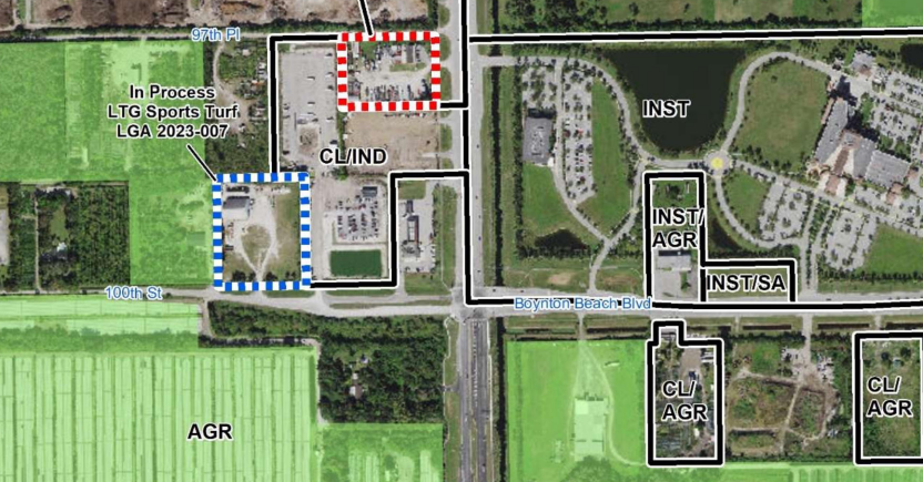 Site, marked in blue, is where county commissioners recently approved a zoning change that would permit the owner to store vehicles and dispatch them. Site is west of Boynton Beach off Boynton Beach Boulevard.