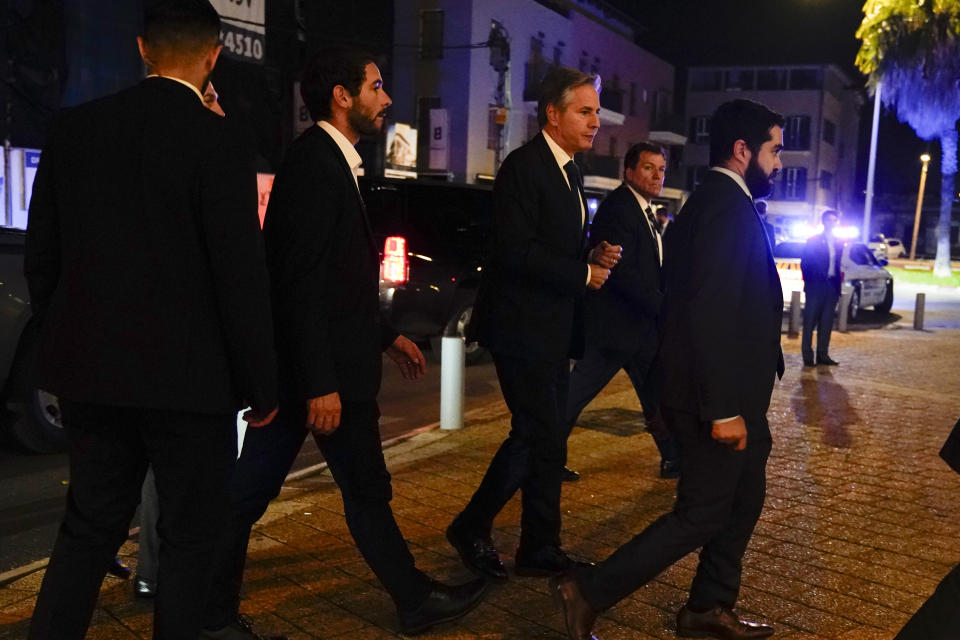 U.S. Secretary of State Antony Blinken arrives for a news conference in Tel Aviv, Tuesday Oct. 17, 2023, after an overnight meeting with Israeli Prime Minister Benjamin Netanyahu. (AP Photo/Jacquelyn Martin, Pool)