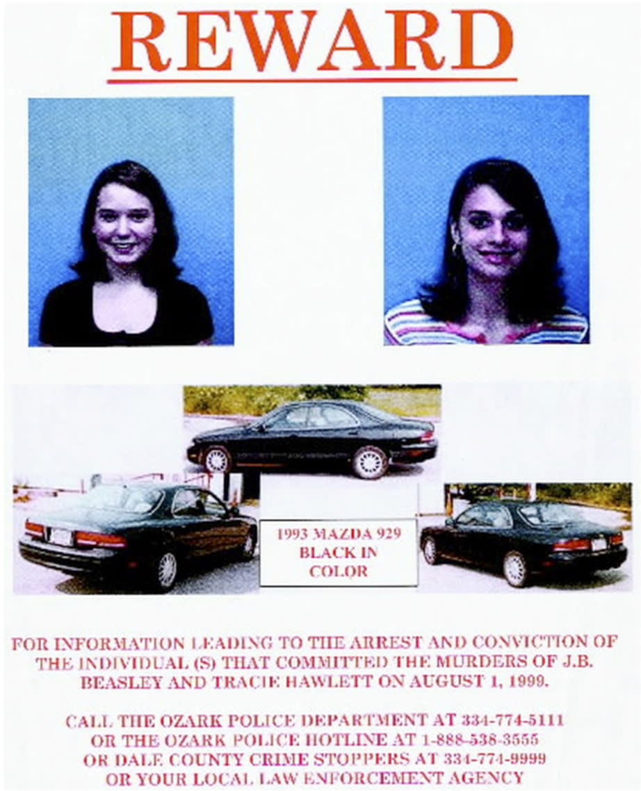 This 1999 flyer released by the Ozark (Ala.) Police Department, shows J.B. Beasley, left, Tracie Hawlett, who were both murdered in July 1999. Alabama authorities say a DNA match found through a genealogy website has led to an arrest in the killings of the two teenage girls nearly 20 years ago. Al.com reports Coley McCraney, of Dothan, was arrested Saturday, March 16, 2019, on rape and capital murder charges in the 1999 deaths of Hawlett and Beasley. (Ozark Police Department via AP)