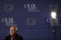 Valentin Inzko, the outgoing head of Bosnia's Office of the High Representative, or OHR, listens to a question during an interview with the Associated Press, in the capital Sarajevo, Bosnia, Monday, July 26, 2021. Bosnia’s outgoing top international overseer has urged the Western powers to urgently adopt a new approach to the politically fragmented post-war country to stop its “not sincere” nativist leaders from turning it into a deserted wasteland. (AP Photo)