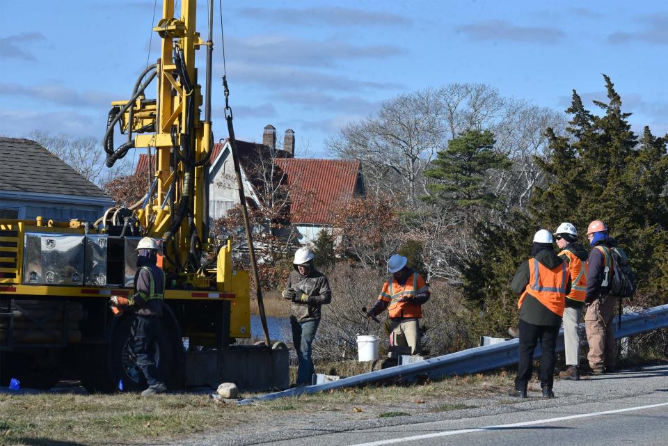 A drilling rig, set up along Craigville Beach Road near Short Beach Road in Centerville, is taking a 50-foot test boring as part of the advance work for the Park City Wind project.