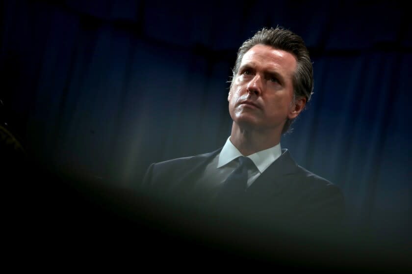 SACRAMENTO, CALIFORNIA - AUGUST 16: California Gov. Gavin Newsom looks on during a news conference with California attorney General Xavier Becerra at the California State Capitol on August 16, 2019 in Sacramento, California. California attorney genera Xavier Becerra and California Gov. Gavin Newsom announced that the State of California is suing the Trump administration challenging the legality of a new "public charge" rule that would make it difficult for immigrants to obtain green cards who receive public assistance like food stamps and Medicaid. (Photo by Justin Sullivan/Getty Images)