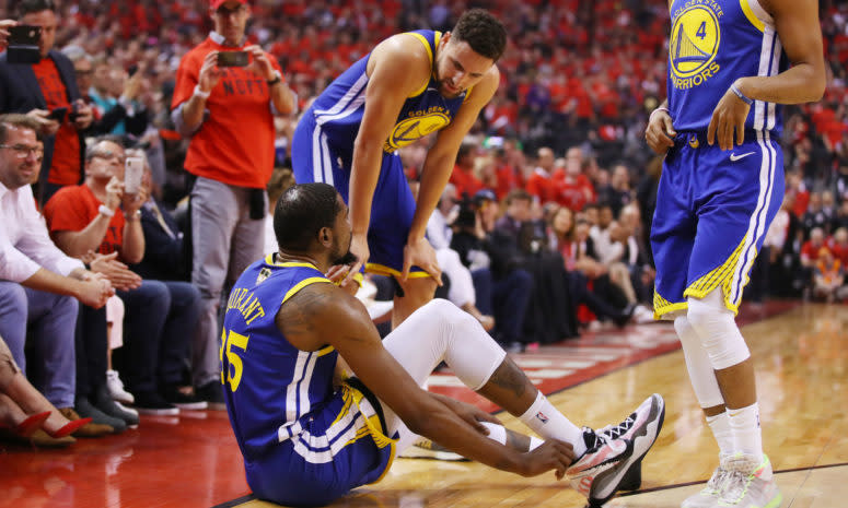 Kevin Durant and Klay Thompson after Durant tore his Achilles.