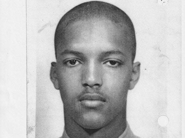 A black and white military headshot of Paul Meere Jnr, the biological father of Christine Jacobsen