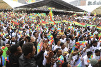 People joining the Defense Forces gather in Meskel Square, Addis Ababa, Ethiopia, Tuesday, July 27 2021. A repatriation program is underway for young people from Ethiopia who have decided to join the Defense Forces. (AP Photo)