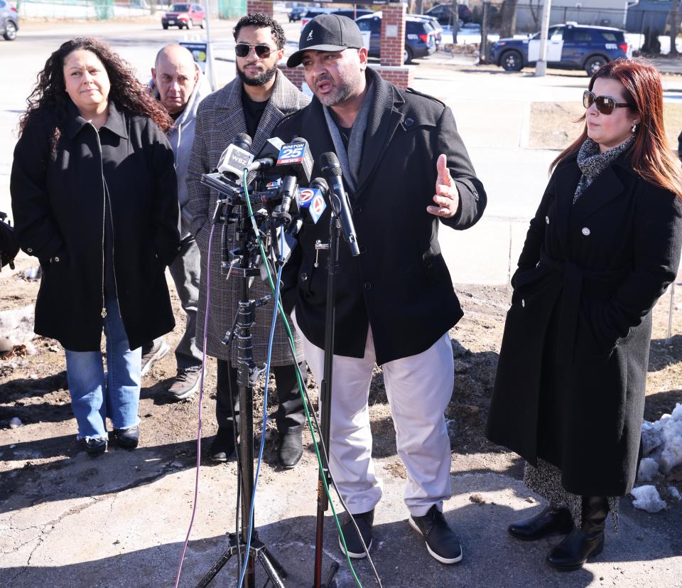 School committee members from left, Joyce Asack, Claudio Gomes, Tony Rodrigues, and Ana Oliver hold a press conference at Brockton High School on Monday, Feb. 19, 2024, regarding their request that the National Guard be deployed at the school amid reports of high levels of violence and turmoil.