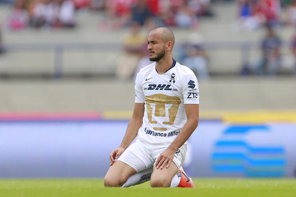 MEXICO CITY, MEXICO - APRIL 28: Carlos Gonzalez of Pumas reacts during the 16th round match between Pumas UNAM and Toluca as part of the Torneo Clausura 2019 Liga MX at Olimpico Universitario Stadium on April 28, 2019 in Mexico City, Mexico. (Photo by Mauricio Salas/Jam Media/Getty Images)