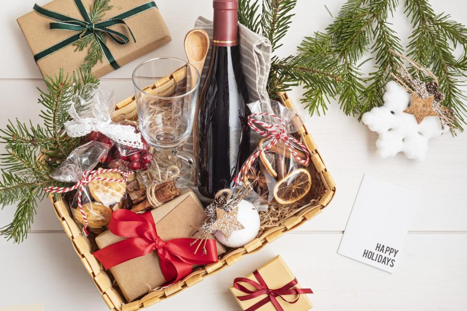 holiday gift basket with wine and chocolates