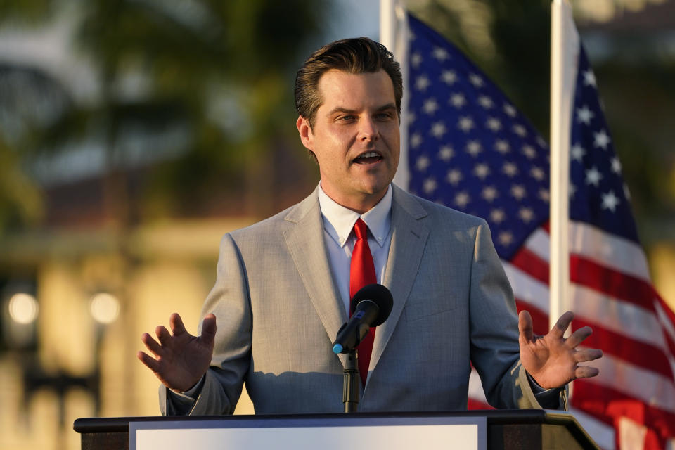 Congressman Matt Gaetz, R-Fla., speaks at a "Women for American First" event Friday, April 9, 2021, in Doral, Fla. (AP Photo/Marta Lavandier)