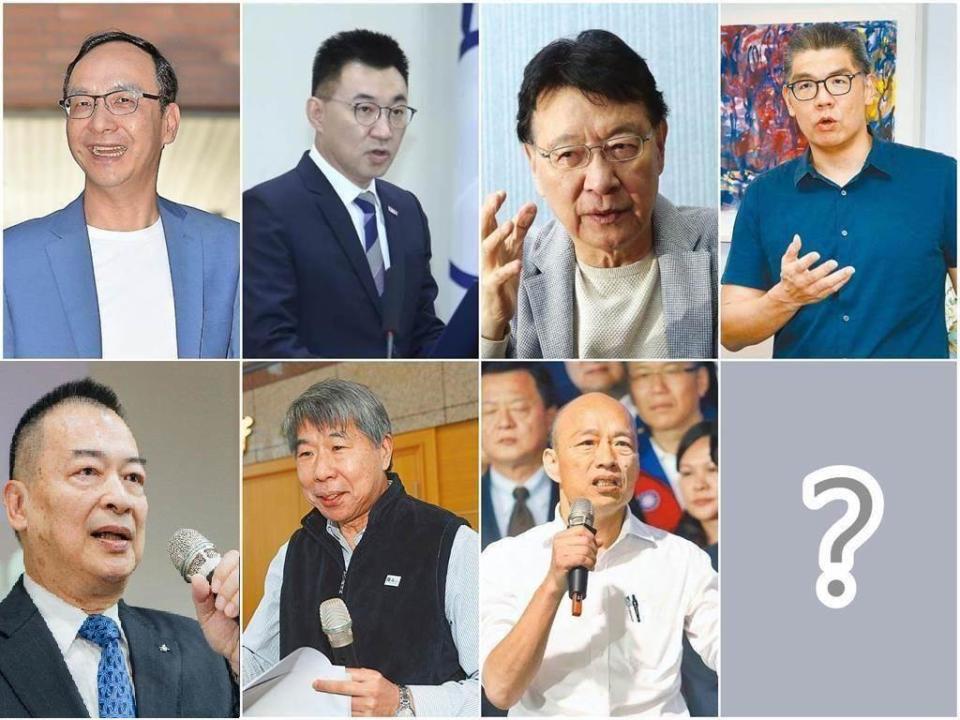 國民黨主席今年7月改選，熱門人選漸漸浮出檯面，包括前黨主席朱立倫（上排左起）、現任黨主席江啟臣、中廣董事長趙少康、國民黨智庫副董事長連勝文、前主計長韋伯韜（下排左起）、孫文學校總校長張亞中、前高雄市長韓國瑜。（合成圖／資料照、摘自周錫瑋YouTube）
