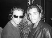 <p>Michael Hutchence of INXS and guitarist Stevie Salas pose for a portrait at the Nicklebag concert at the Viper Room in Los Angeles, California on November 5, 1997.</p>