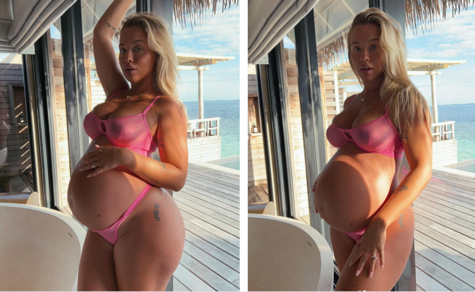 Tammy Hembrow shared these two photos of her bump and confessed she's worried about how her heart will handle loving another baby as much as she loves her first two. Photo: Instagram/tammyhembrow