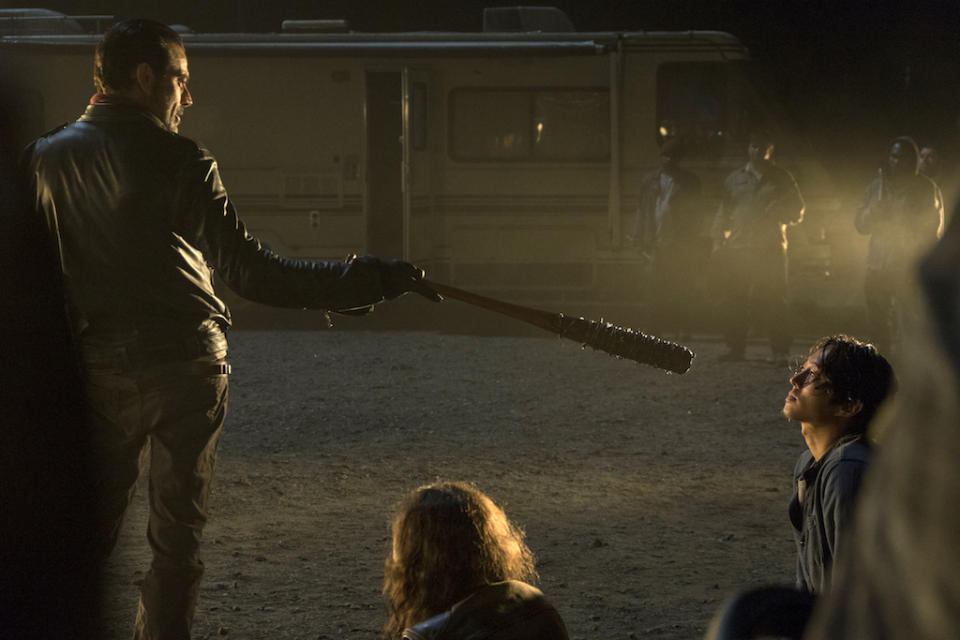 <p>Jeffrey Dean Morgan as Negan, Steven Yeun as Glenn Rhee (Credit: Gene Page/AMC) </p>