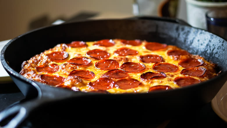 Cast iron pepperoni pizza