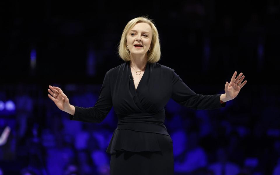 Liz Truss addresses Tory members at a hustings event in Cheltenham - Jamie Lorriman for The Telegraph