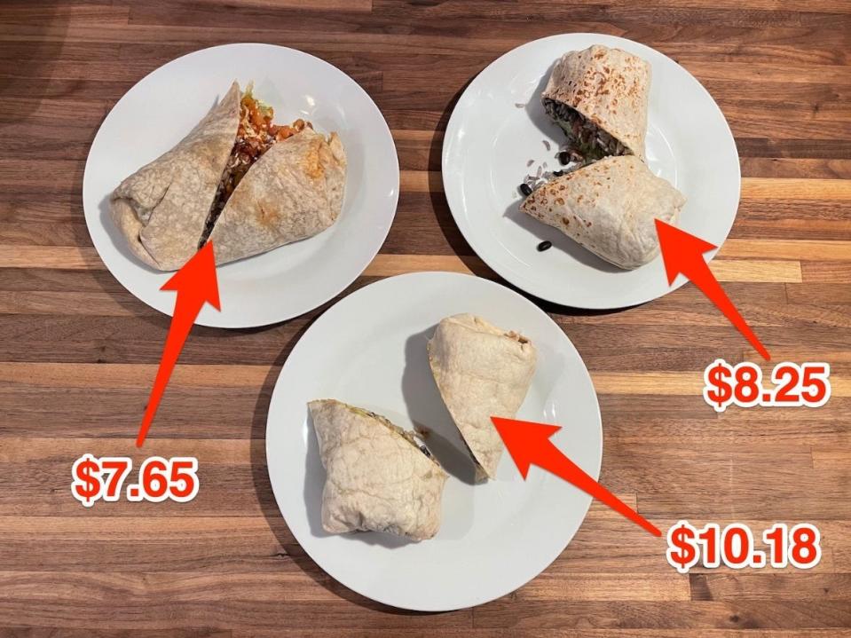 Arrows point to the price of each burrito.