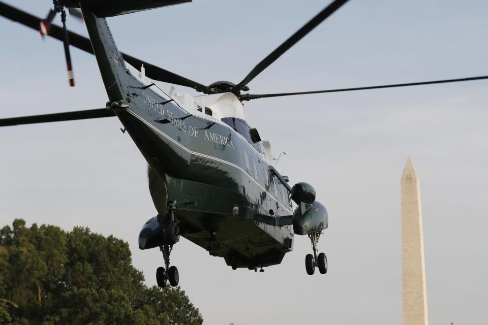 <p>Marine One, with President Donald Trump, and First Lady Melania Trump aboard, lifts off from the South Lawn of the White House, Wednesday, July 12, 2017, in Washington. (Photo: Alex Brandon/AP) </p>