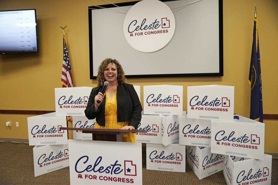 Utah 2nd Congressional District Republican Celeste Maloy speaks after winning a Utah special election to replace her former boss U.S. Rep. Chris Stewart during an election night party Tuesday, Nov. 21, 2023, in West Valley City, Utah. (AP Photo/Rick Bowmer)