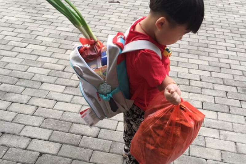中國江蘇常熟一位4歲小朋友「悠悠」開學日揹了一把大葱上學，也成了全中國的網紅。（微博）