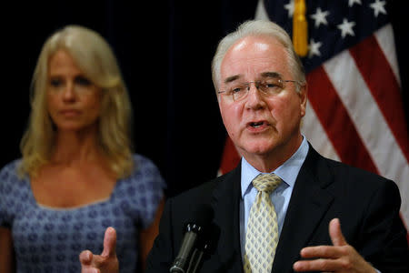 U.S. Secretary of Health and Human Services (HHS) Tom Price (R) and White House counselor Kellyanne Conway brief reporters after their meeting on opioid addiction with President Trump at his nearby Bedminster golf estate, at a hotel in Bridgewater, New Jersey U.S. August 8, 2017. REUTERS/Jonathan Ernst