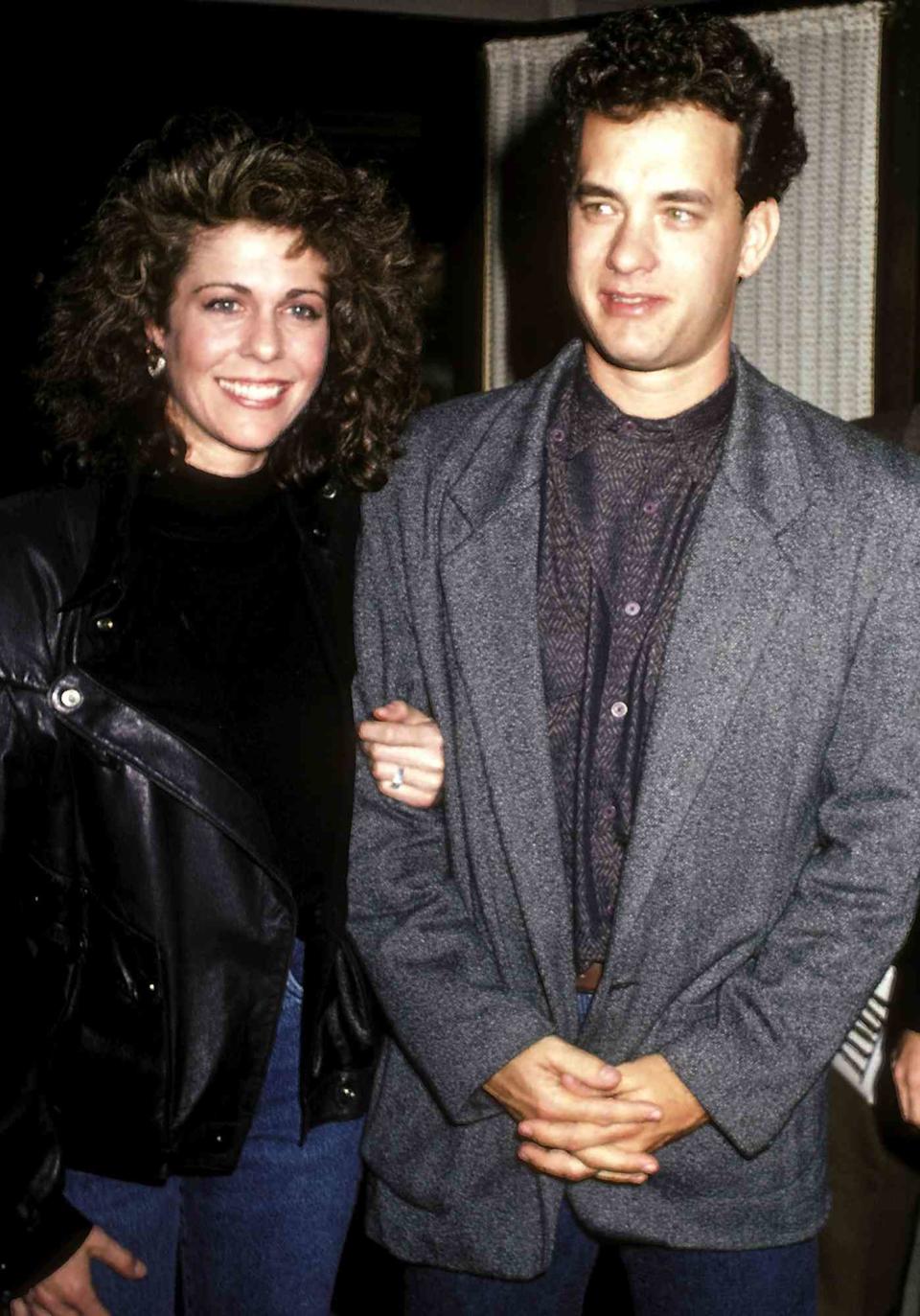 Rita Wilson and Tom Hanks attend the "Three Amigos" Beverly Hills Premiere on December 10, 1986 at the Academy Theatre in Beverly Hills, California