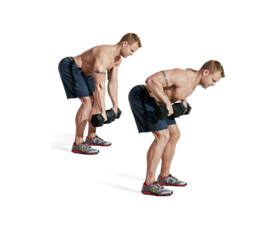 How to Do It:<ol><li>Stand with feet shoulder-width apart and hinge forward at the hips, arms extended with dumbbells hanging straight down. </li><li>Row the weights up to your torso, keeping elbows tucked in line with your body. </li><li>Reverse motion to return to start. That's 1 rep.</li></ol>