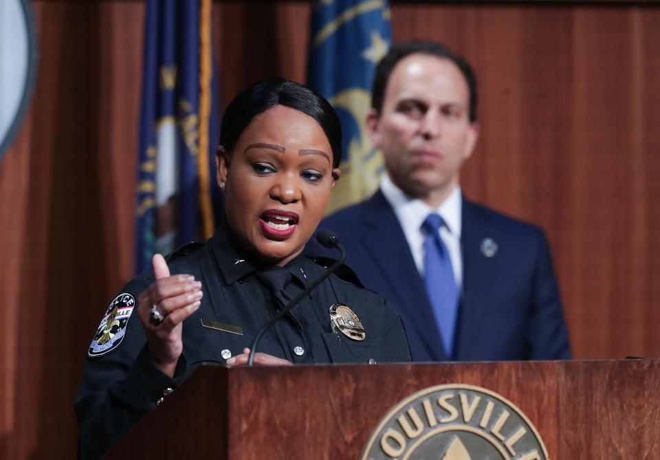 Interim Louisville Police Chief Jacquelyn Gwinn-Villaroel, left, made remarks after Mayor Craig Greenberg announced that she has been selected as the permanent chief of the LMPD following a nationwide search in Louisville, Ky. on July 20, 2023.