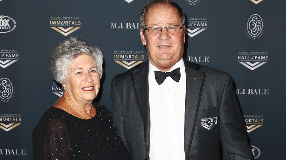 Tommy Raudonikis and partner Trish Brown, pictured here at the 2018 NRL Hall of Fame ceremony.