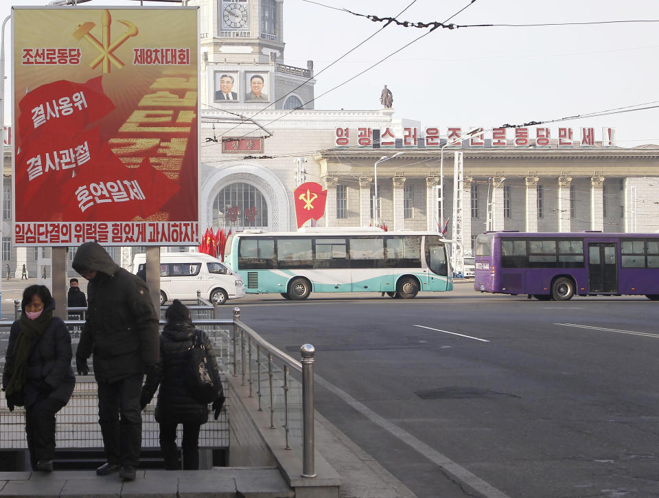 People exit an underpass along a main street of the Central District in Pyongyang, North Korea, on Wednesday, Jan. 6, 2021. The Workers’ Party Congress is one of the North’s biggest propaganda spectacles and is meant to help leader Kim Jong Un show his people that he’s firmly in control and boost unity in the face of COVID-19 and other growing economic challenges. (AP Photo/Cha Song Ho)