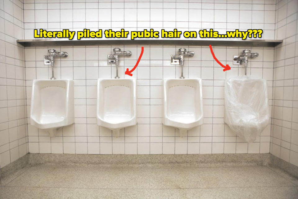 A row of urinals with text that says, "Literally piled their public hair on this...why???"