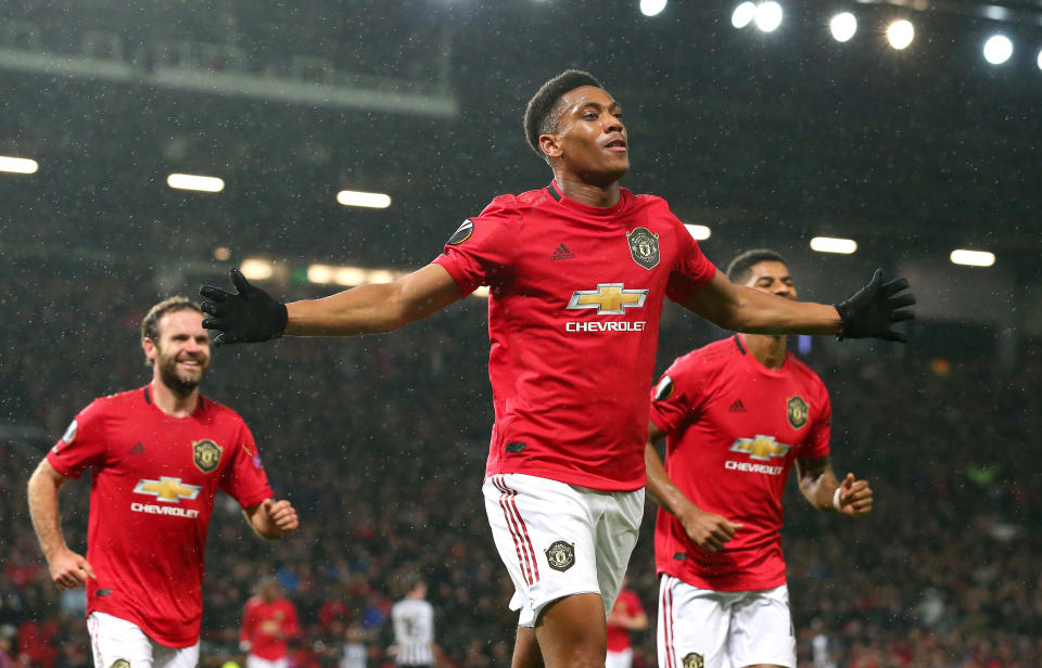 MANCHESTER, ENGLAND - NOVEMBER 07: Anthony Martial of Manchester United celebrates after scoring his team's second goal  during the UEFA Europa League group L match between Manchester United and Partizan at Old Trafford on November 07, 2019 in Manchester, United Kingdom. (Photo by Alex Livesey/Getty Images)