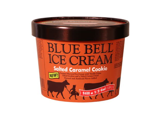 Blue Bell Salted Caramel Cookie Ice Cream half gallon on white background