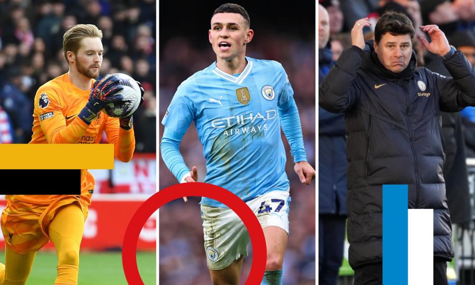 <span><a class="link " href="https://sports.yahoo.com/soccer/players/937742/" data-i13n="sec:content-canvas;subsec:anchor_text;elm:context_link" data-ylk="slk:Phil Foden;sec:content-canvas;subsec:anchor_text;elm:context_link;itc:0">Phil Foden</a> scored twice in <a class="link " href="https://sports.yahoo.com/soccer/teams/manchester-city/" data-i13n="sec:content-canvas;subsec:anchor_text;elm:context_link" data-ylk="slk:Manchester City;sec:content-canvas;subsec:anchor_text;elm:context_link;itc:0">Manchester City</a>’s 3-1 win over <a class="link " href="https://sports.yahoo.com/soccer/teams/manchester-united/" data-i13n="sec:content-canvas;subsec:anchor_text;elm:context_link" data-ylk="slk:Manchester United;sec:content-canvas;subsec:anchor_text;elm:context_link;itc:0">Manchester United</a>. </span><span>Composite: Getty Images, Shutterstock</span>