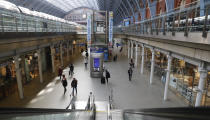 London's St Pancras railway station in London Monday, March 16, 2020. Eurostar services to Europe from London are still running, though they are no longer able to serve food on board and there are advisory signs about the Coronavirus at the entrance to the checkin . The vast majority of people recover from the new coronavirus. According to the World Health Organization, most people recover in about two to six weeks, depending on the severity of the illness. (AP Photo/Alastair Grant)