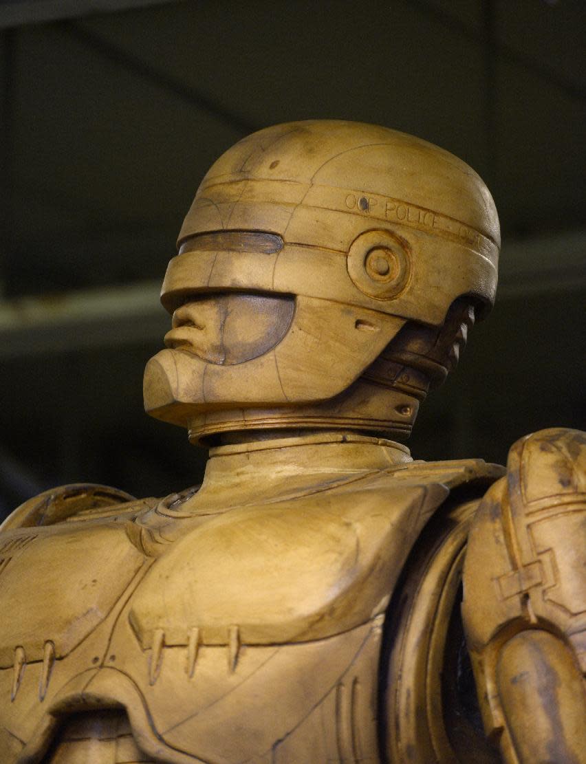 A foam model of the RoboCop statue stands inside Venus Bronze Works in Detroit, on Tuesday, Sept. 24, 2013. Venus Bronze Works in Detroit is getting ready to cast pieces of the statue. After this model is turned into a mold, the finished statue is set to be unveiled in summer of 2014. The 1980s science fiction movie was set in a futuristic and crime-ridden Detroit. (AP Photo/The Detroit News, David Guralnick )