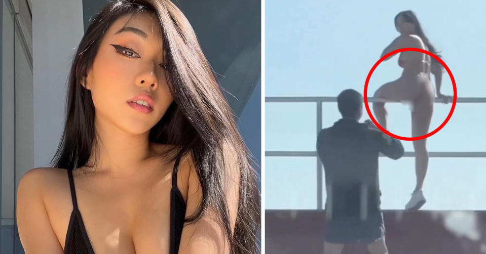 L: Allecakes posing for a selfie in a black bikini. R: Allecakes posing on a rail in a thong bikini