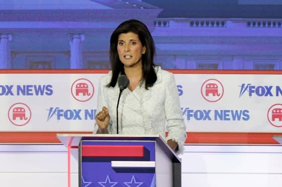 Nikki Haley, former ambassador to the U.N., during the Republican primary presidential debate.<span class="copyright">Al Drago—Bloomberg/Getty Images</span>